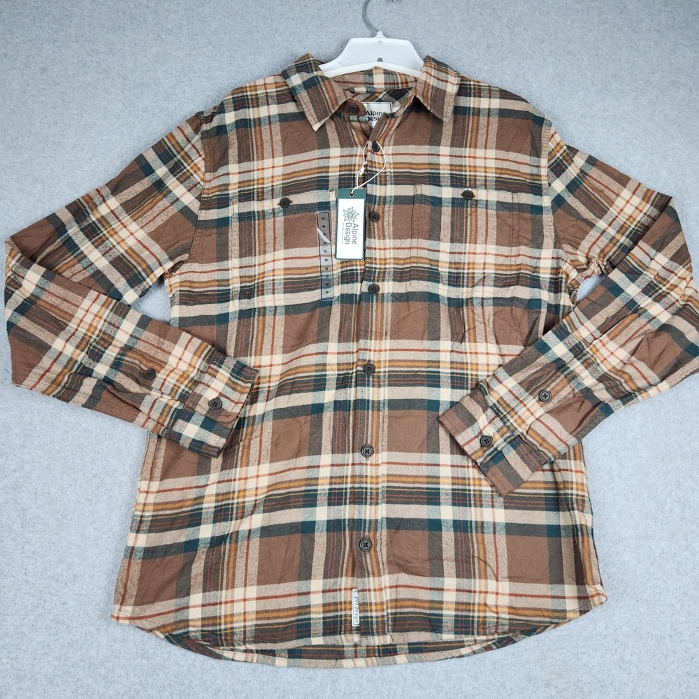 Alpine Design Shirt Mens Medium Brown Plaid Cotton Collared Button Up Casual